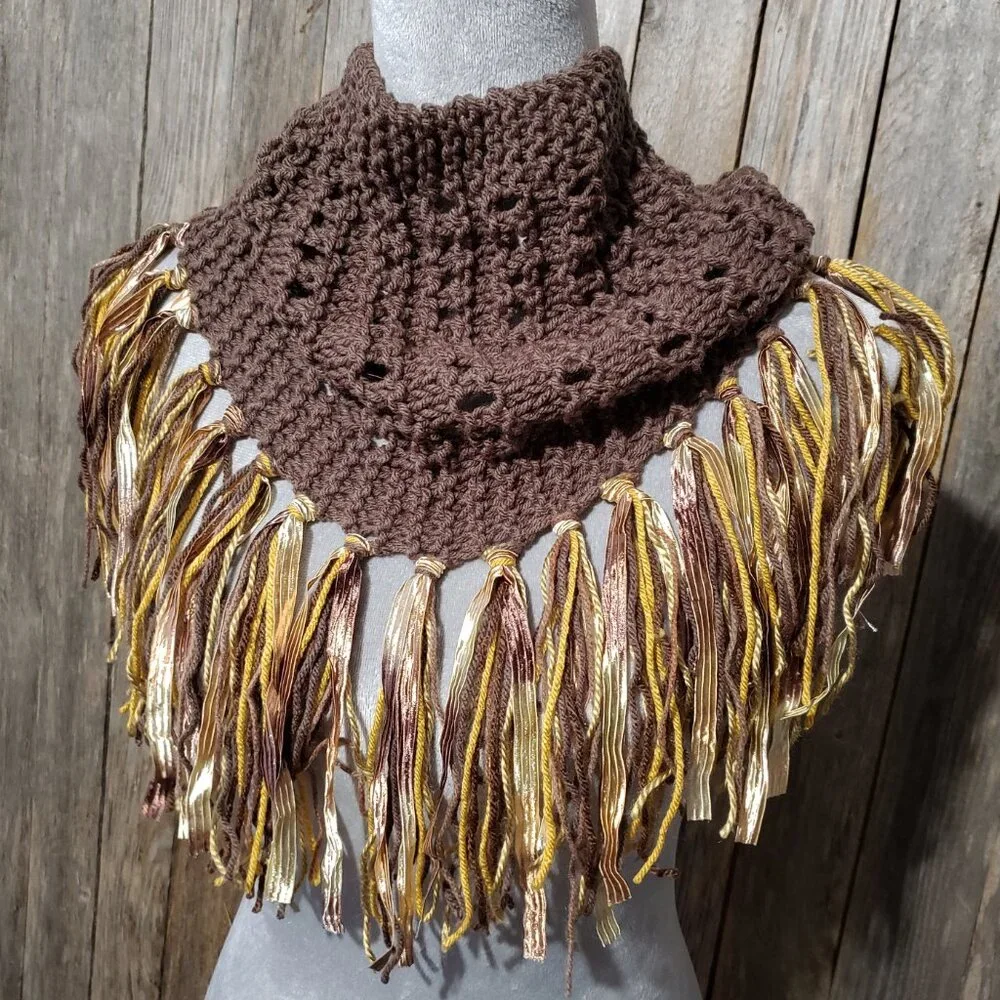 NEW Hand‎ Knitted Brown Gold Boho Cowl Scarf Fringe Eyelet Boho Cottage Earthy